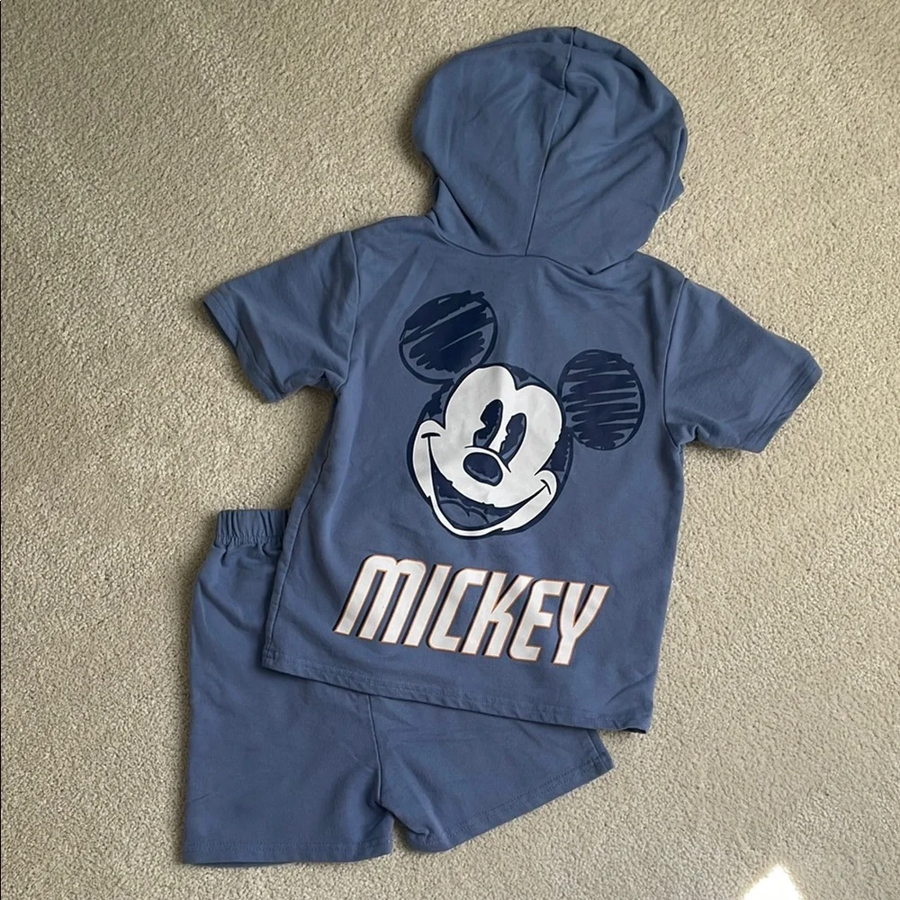 Disney Kids Blue Mickey Hooded Tee & Shorts Matching Set